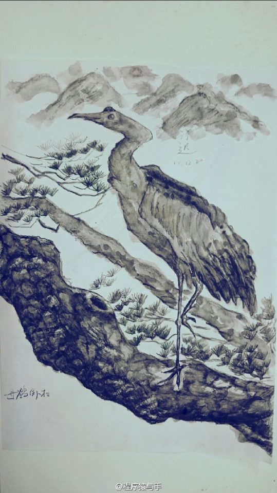 谢文印中国画彩铅画作品《松鹤》